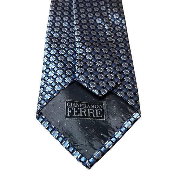 Gianfranco Ferre Silk Tie Blue Silver Geometric Square Pattern Made in Italy - Picture 2 of 10